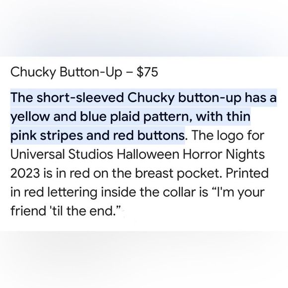 Universal Studios Halloween Horror Nights 2023 Commemorative Chucky Button Up - Picture 7 of 7